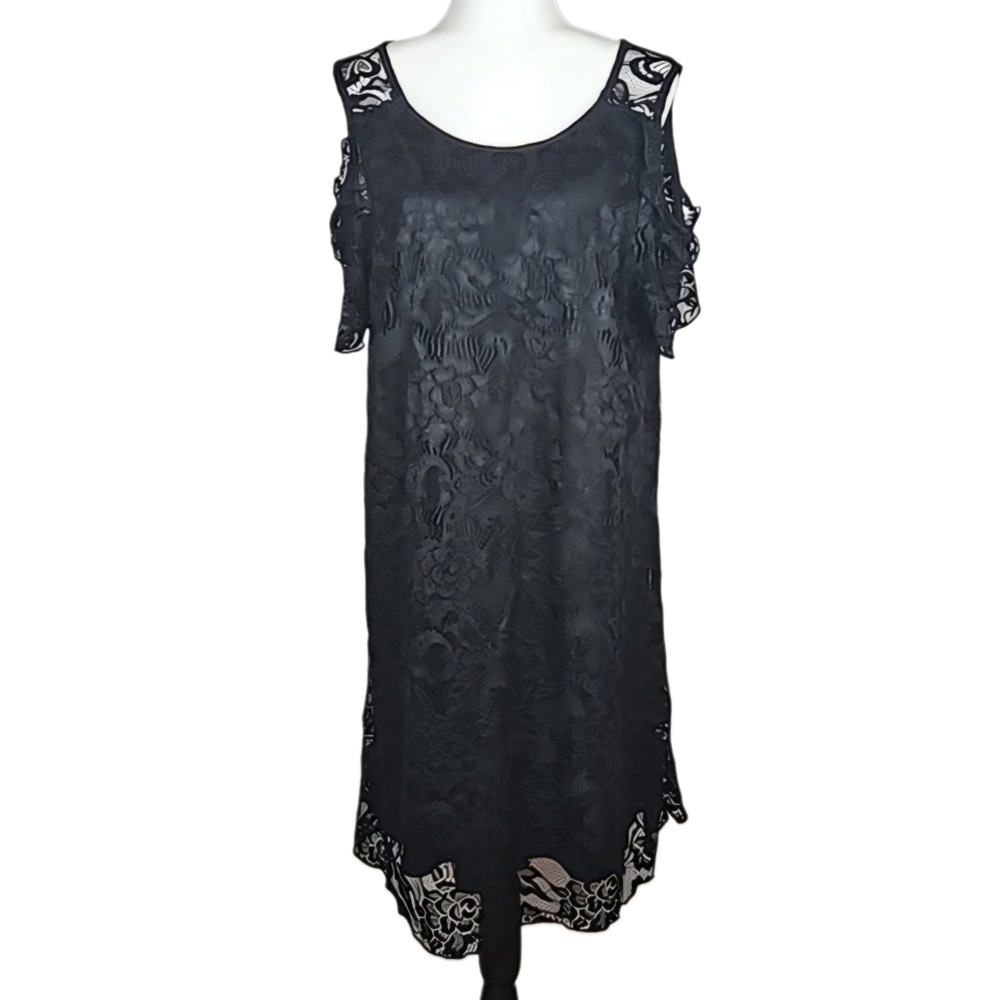 Whimsigoth Romantic Black Lace Dress Cold Shoulder, Lined, 1XL Women's Plus